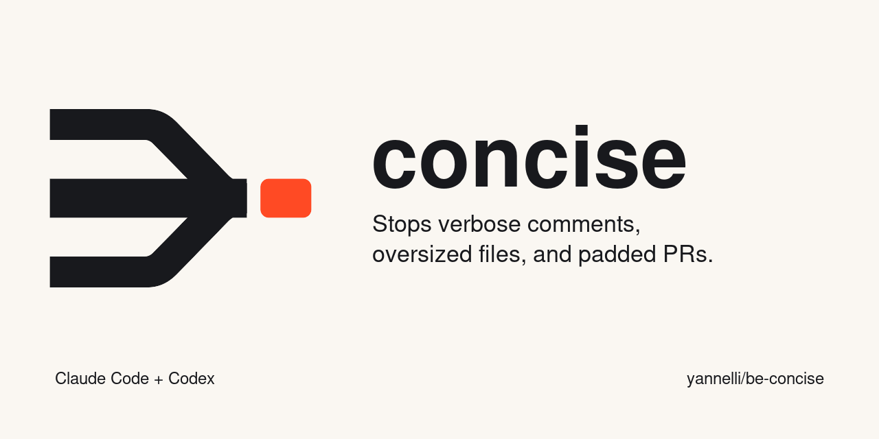 Concise: Stops verbose comments, oversized files, and padded PRs. Claude Code + Codex.